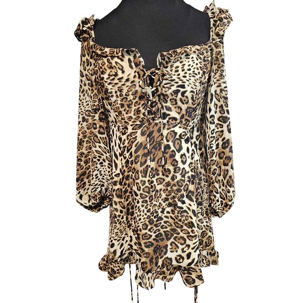 ACOA Leopard Print Ruffle Square Neck Long Sleeve Mini Dress Women's Medium NWT - Picture 2 of 5